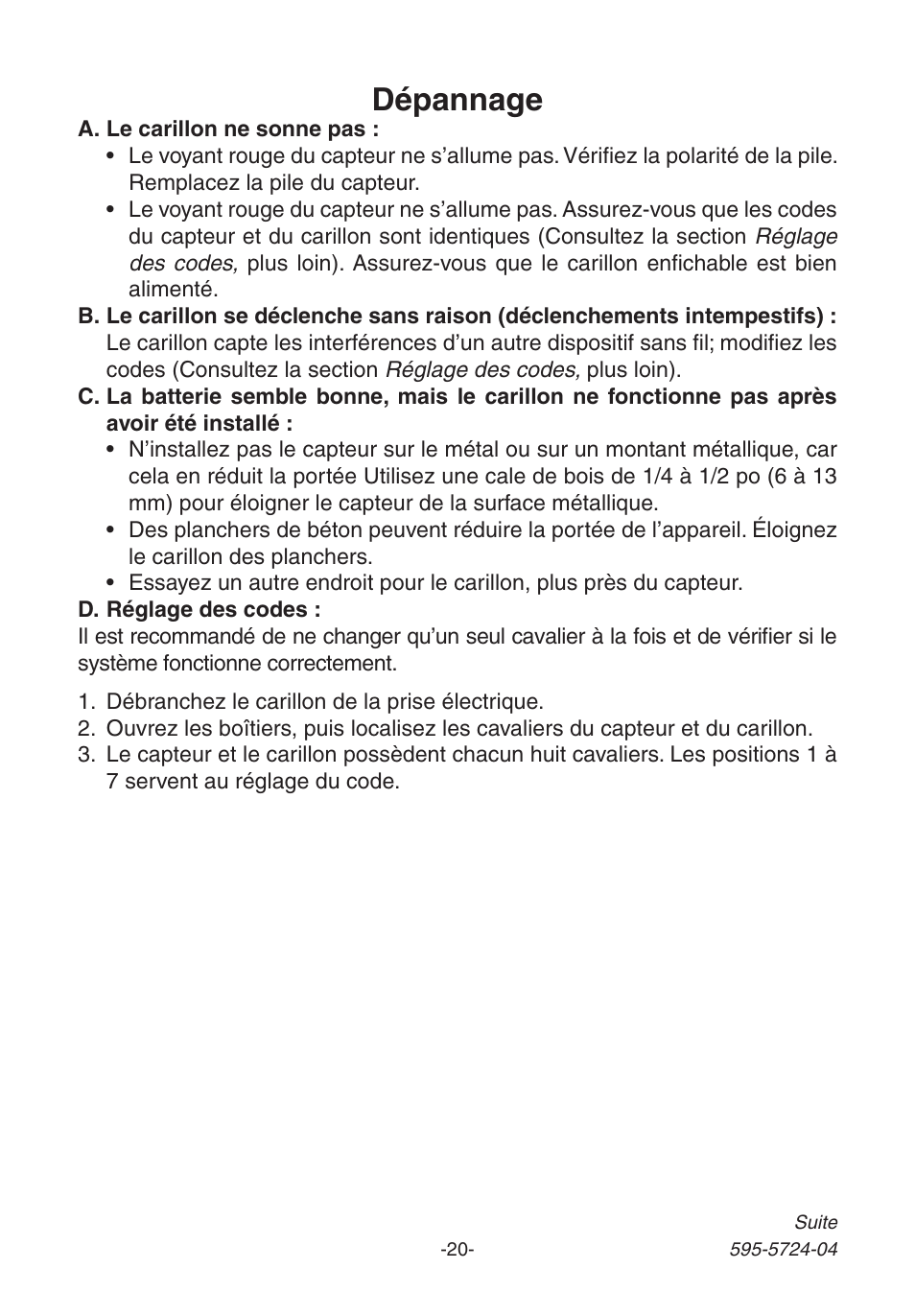 Dépannage | Heath Zenith 6168 User Manual | Page 20 / 24