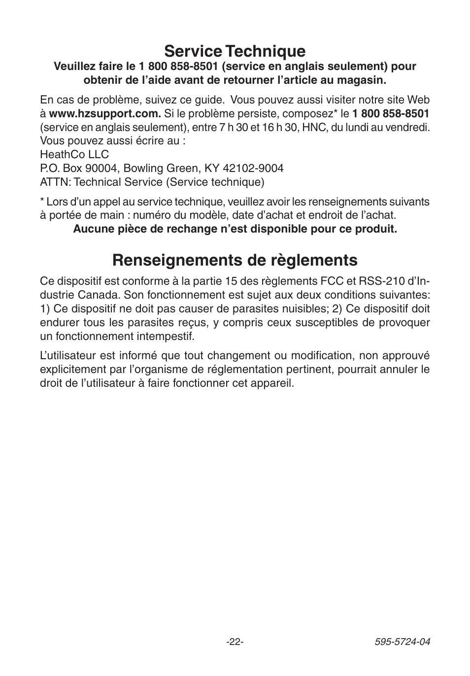 Renseignements de règlements, Service technique | Heath Zenith 6168 User Manual | Page 22 / 24