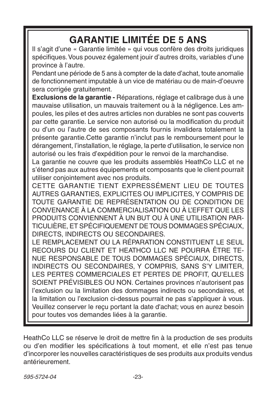 Garantie limitée de 5 ans | Heath Zenith 6168 User Manual | Page 23 / 24
