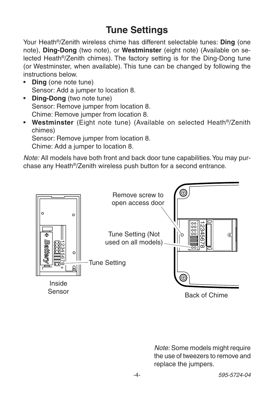 Tune settings | Heath Zenith 6168 User Manual | Page 4 / 24