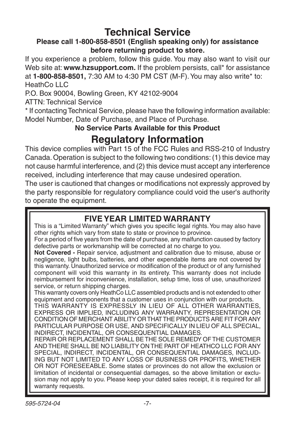 Regulatory information, Technical service, Five year limited warranty | Heath Zenith 6168 User Manual | Page 7 / 24