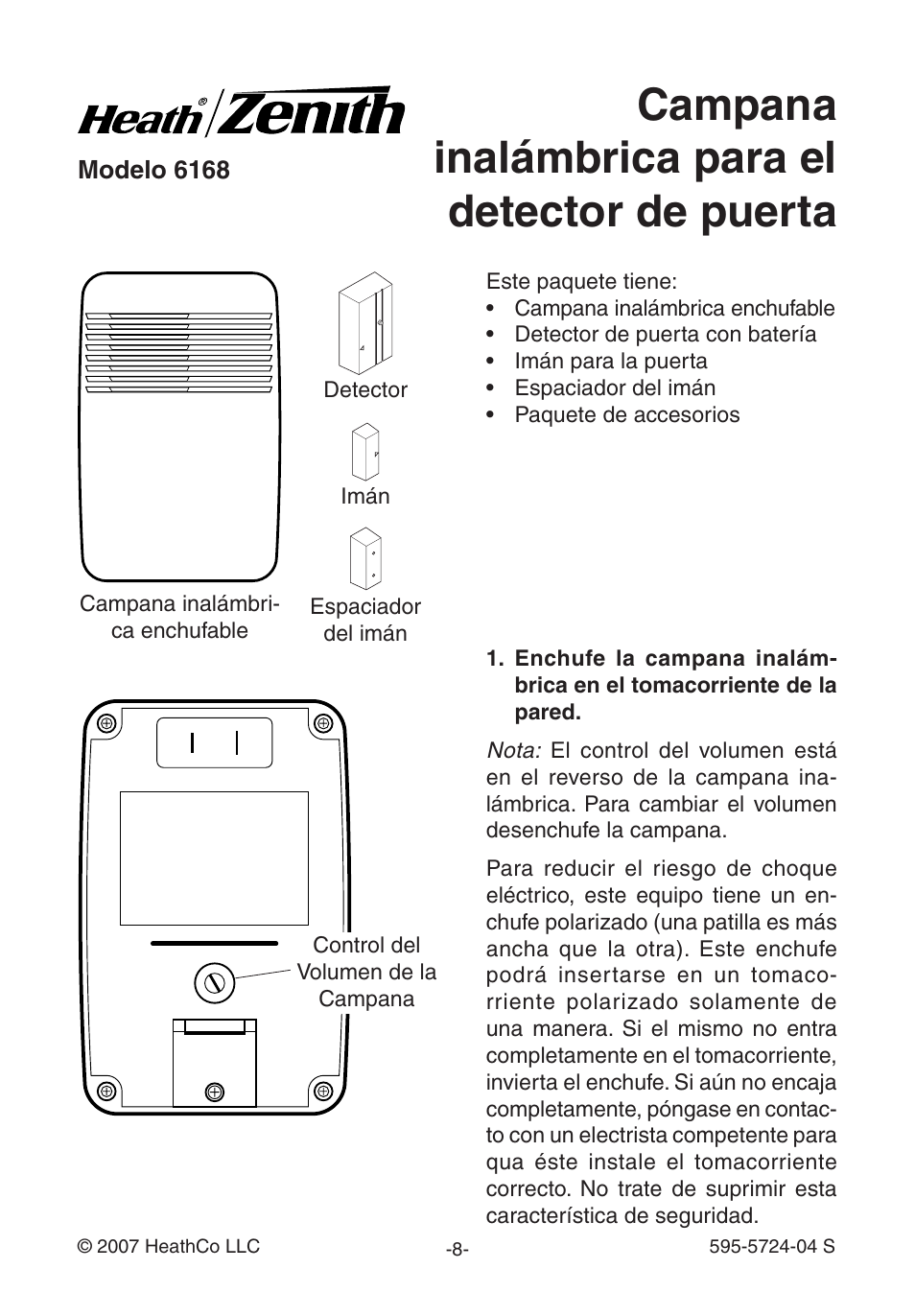 Campana inalámbrica para el detector de puerta | Heath Zenith 6168 User Manual | Page 8 / 24