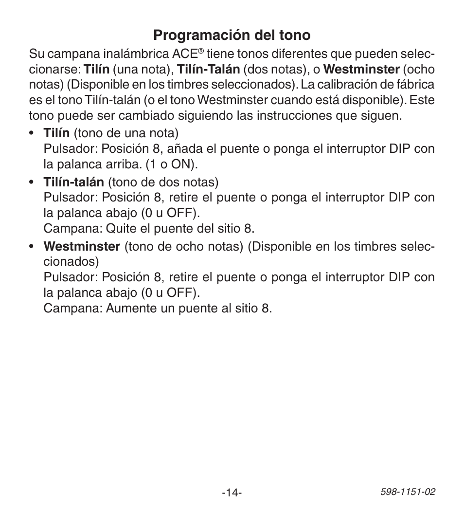 Programación del tono | Heath Zenith Wireless Push Button Accessory 598-1151-02 User Manual | Page 14 / 32