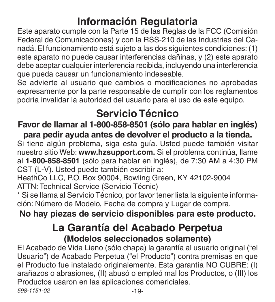 La garantía del acabado perpetua, Servicio técnico, Información regulatoria | Heath Zenith Wireless Push Button Accessory 598-1151-02 User Manual | Page 19 / 32