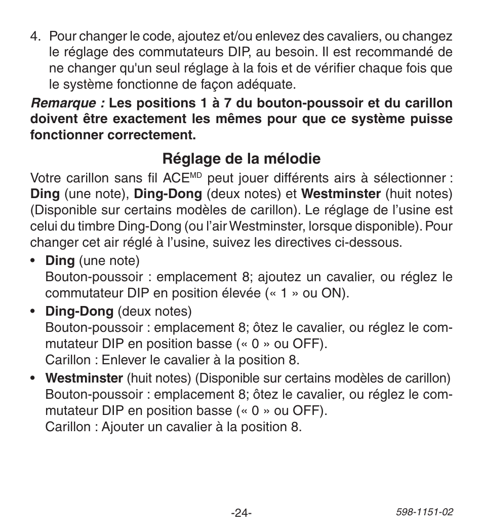 Réglage de la mélodie | Heath Zenith Wireless Push Button Accessory 598-1151-02 User Manual | Page 24 / 32