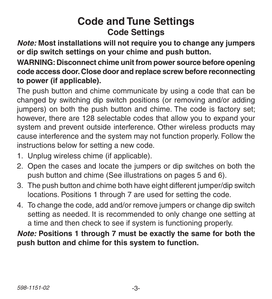 Code and tune settings | Heath Zenith Wireless Push Button Accessory 598-1151-02 User Manual | Page 3 / 32