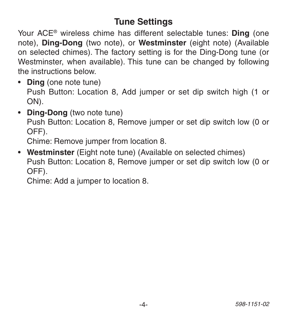 Tune settings | Heath Zenith Wireless Push Button Accessory 598-1151-02 User Manual | Page 4 / 32