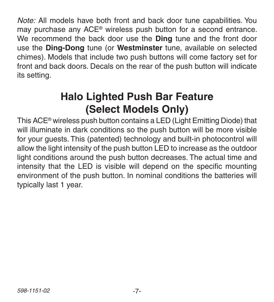 Halo lighted push bar feature (select models only) | Heath Zenith Wireless Push Button Accessory 598-1151-02 User Manual | Page 7 / 32