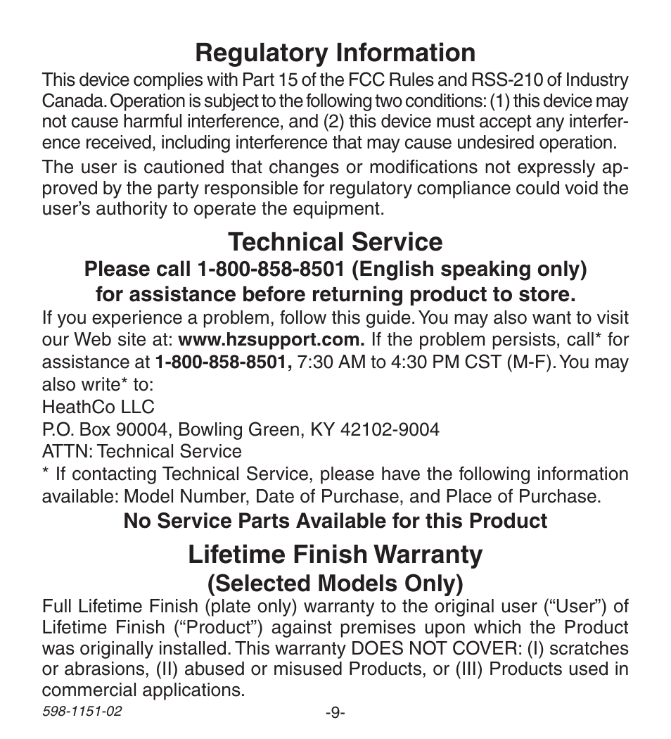 Lifetime finish warranty, Regulatory information, Technical service | Selected models only) | Heath Zenith Wireless Push Button Accessory 598-1151-02 User Manual | Page 9 / 32