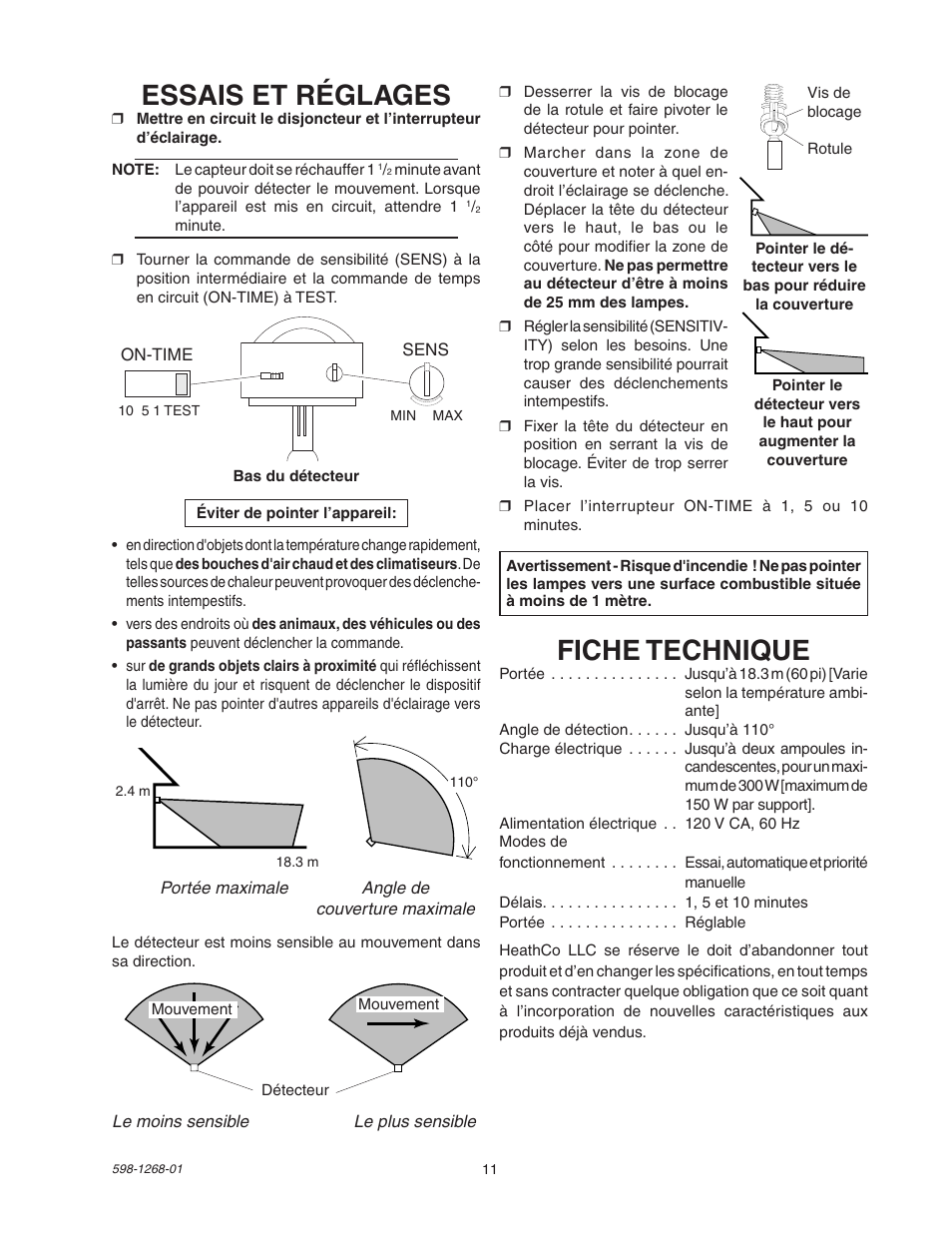 Essais et réglages, Fiche technique | Heath Zenith SL-5408 User Manual | Page 11 / 12