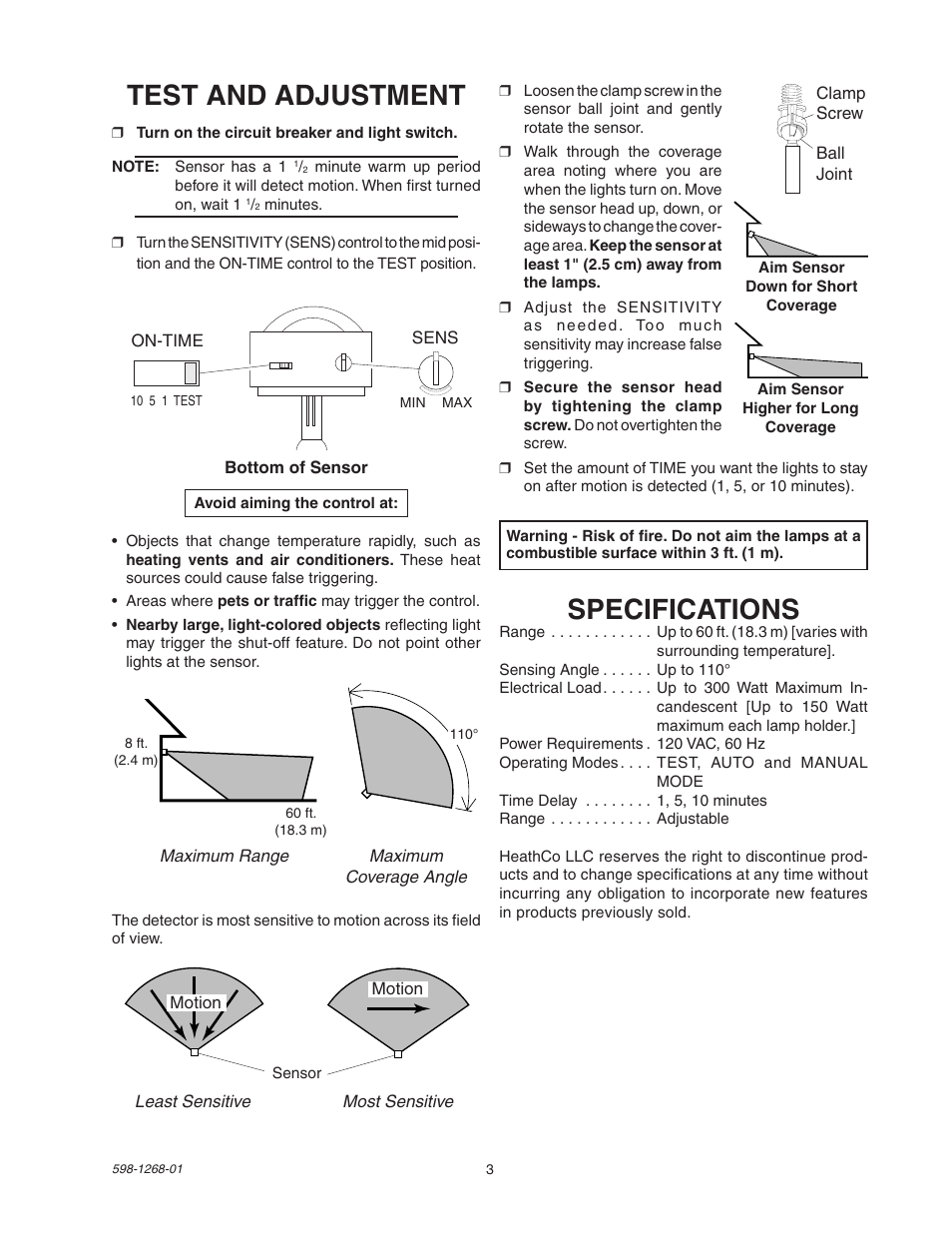 Test and adjustment, Specifications | Heath Zenith SL-5408 User Manual | Page 3 / 12