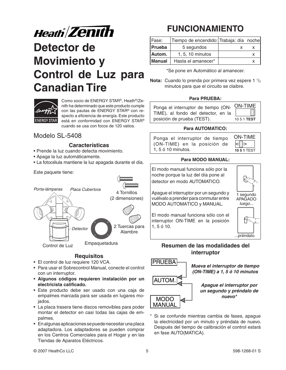 Funcionamiento, Modelo sl-5408, Prueba autom. modo manual | Heath Zenith SL-5408 User Manual | Page 5 / 12