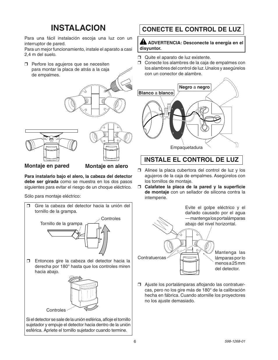 Instalacion, Conecte el control de luz, Instale el control de luz | Heath Zenith SL-5408 User Manual | Page 6 / 12