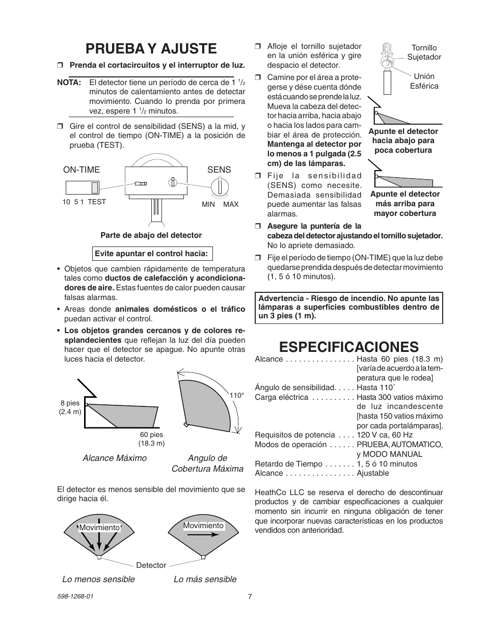 Prueba y ajuste, Especificaciones | Heath Zenith SL-5408 User Manual | Page 7 / 12