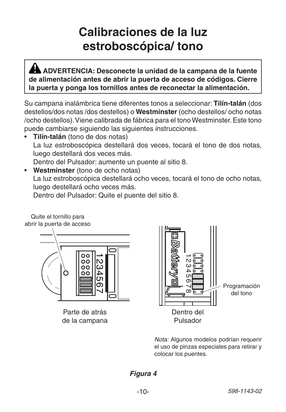 Calibraciones de la luz estroboscópica/ tono | Heath Zenith Wireless Strobe Chime 6144 User Manual | Page 10 / 24