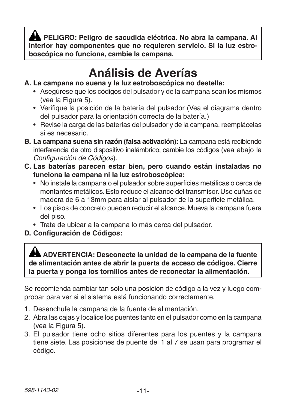 Análisis de averías | Heath Zenith Wireless Strobe Chime 6144 User Manual | Page 11 / 24