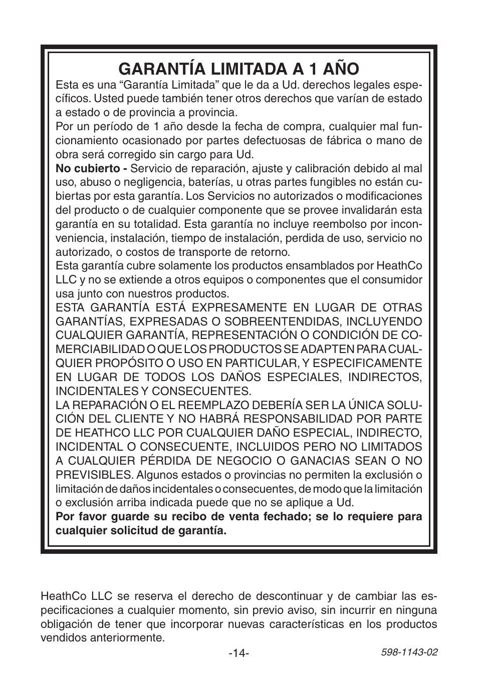 Garantía limitada a 1 año | Heath Zenith Wireless Strobe Chime 6144 User Manual | Page 14 / 24