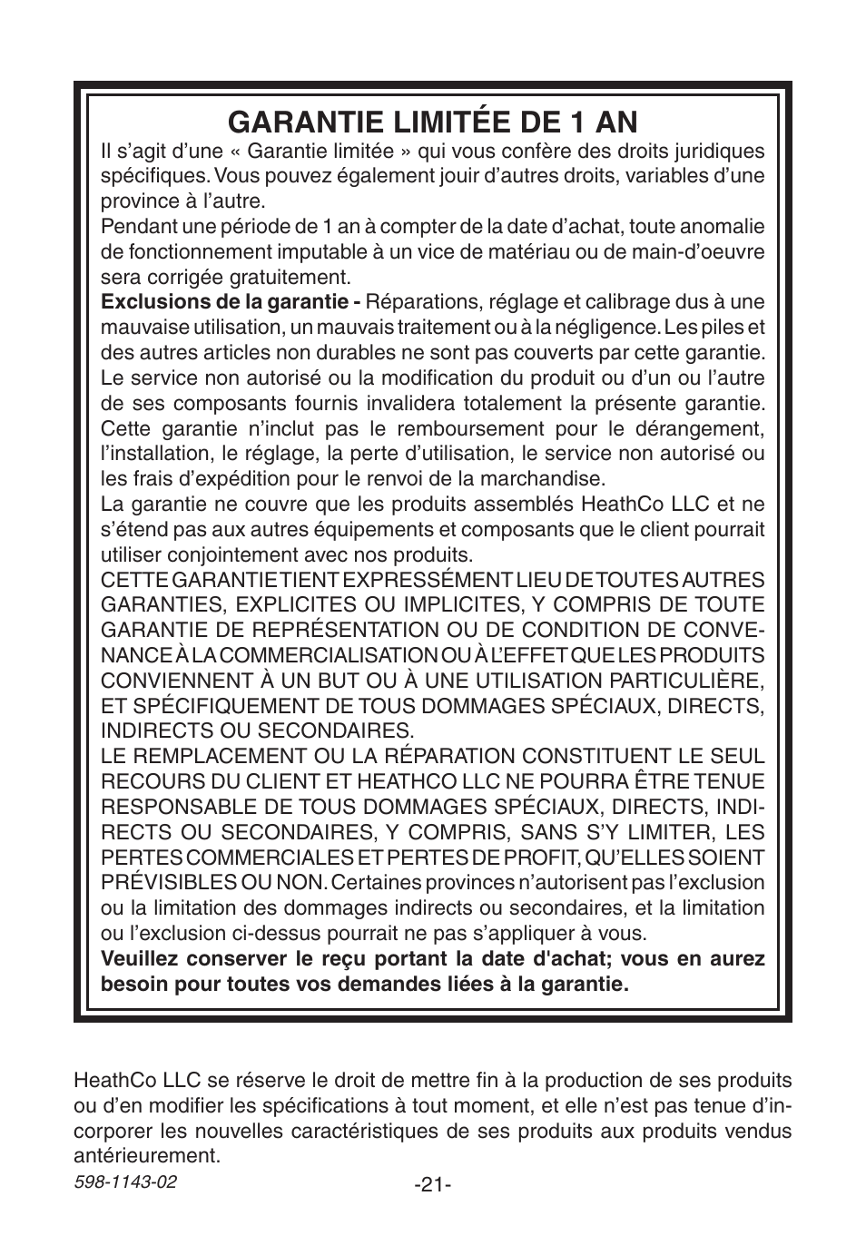 Garantie limitée de 1 an | Heath Zenith Wireless Strobe Chime 6144 User Manual | Page 21 / 24