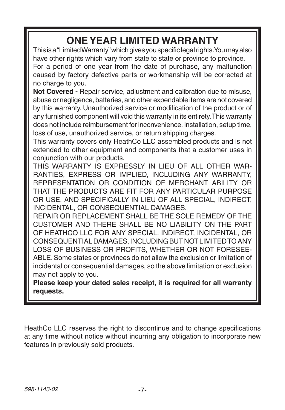 One year limited warranty | Heath Zenith Wireless Strobe Chime 6144 User Manual | Page 7 / 24