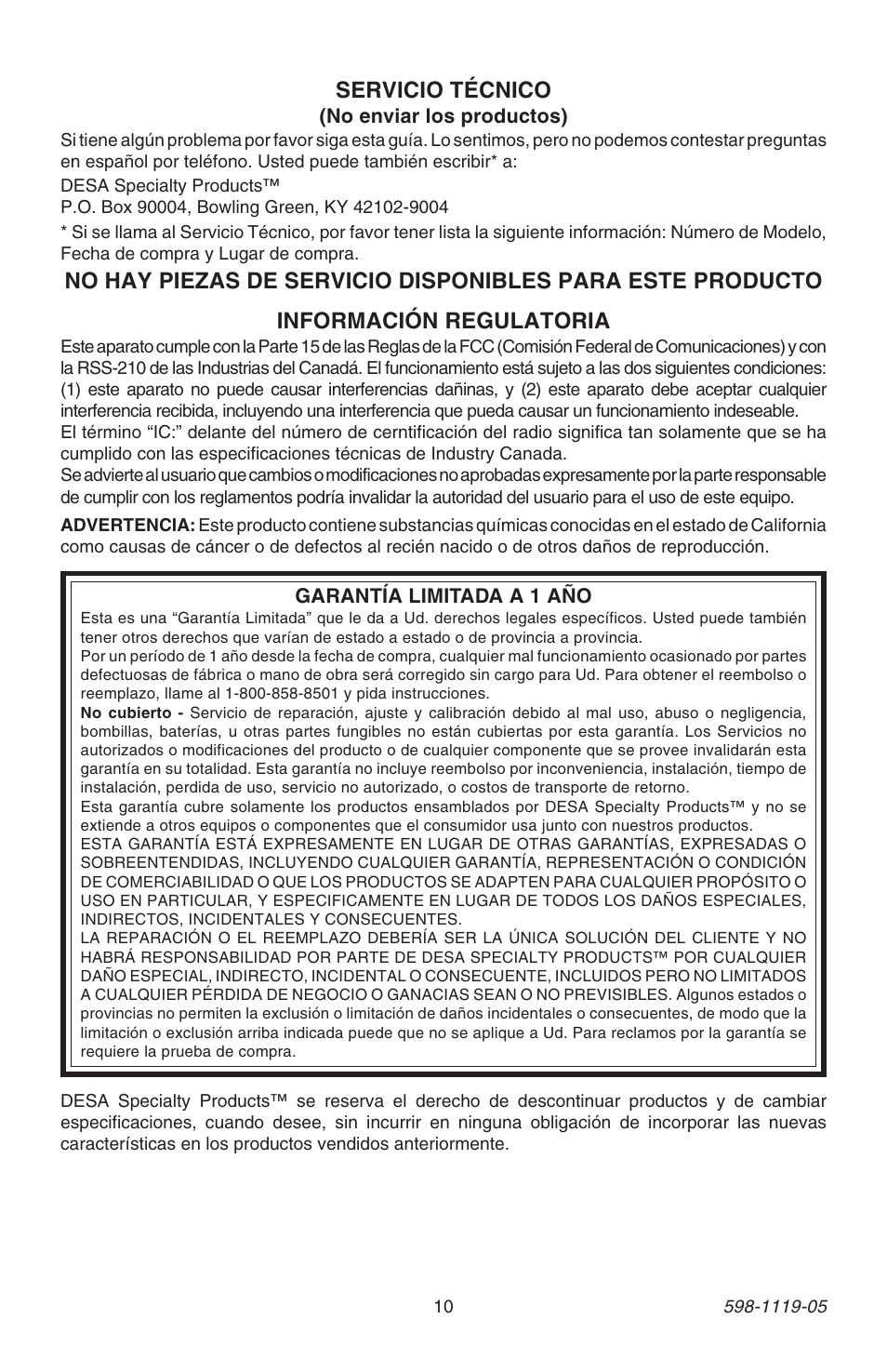Información regulatoria, Servicio técnico | Heath Zenith 598-1119-05 User Manual | Page 10 / 16