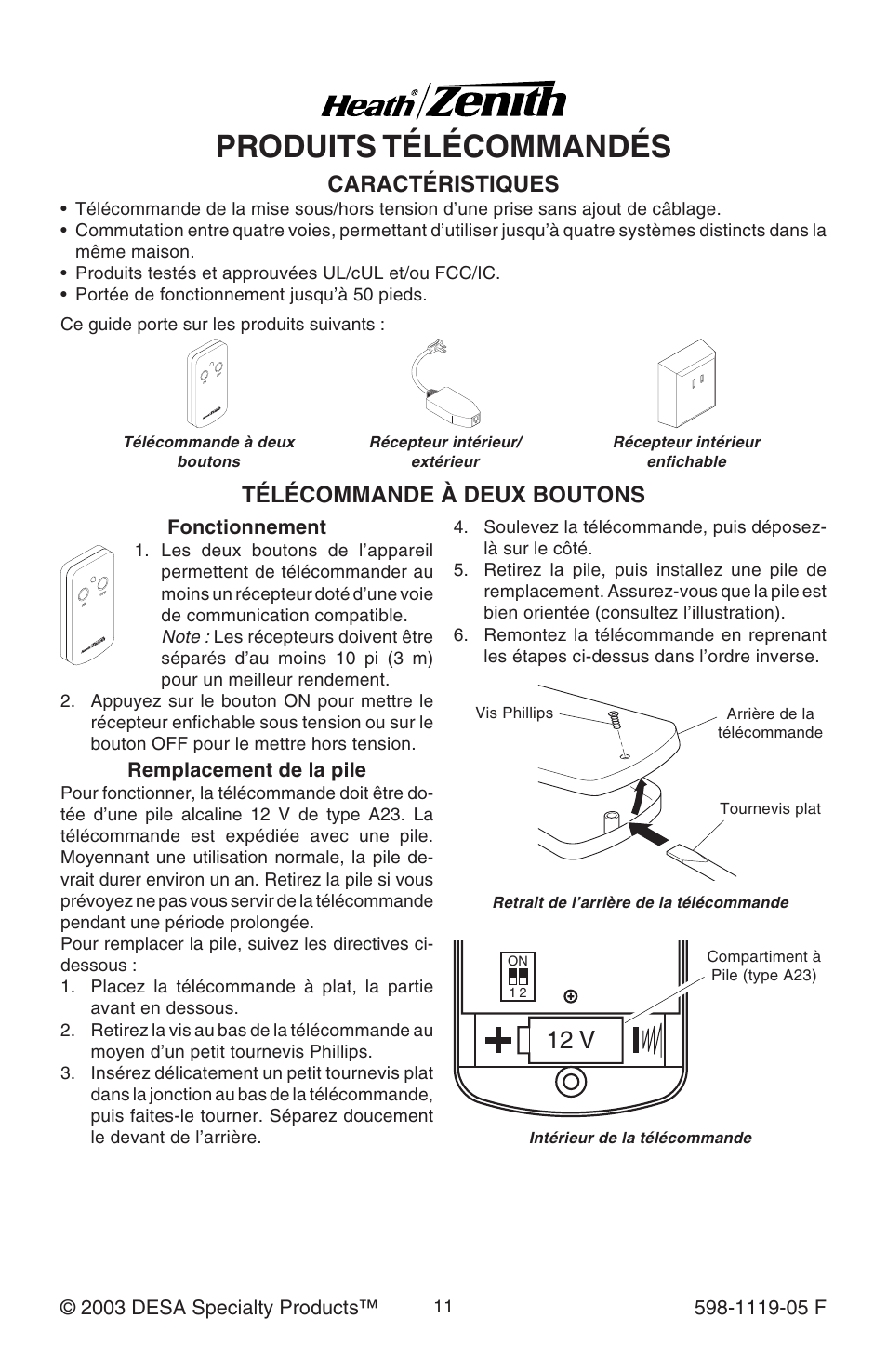 Produits télécommandés, 12 v, Caractéristiques | Télécommande à deux boutons, Fonctionnement, Remplacement de la pile | Heath Zenith 598-1119-05 User Manual | Page 11 / 16