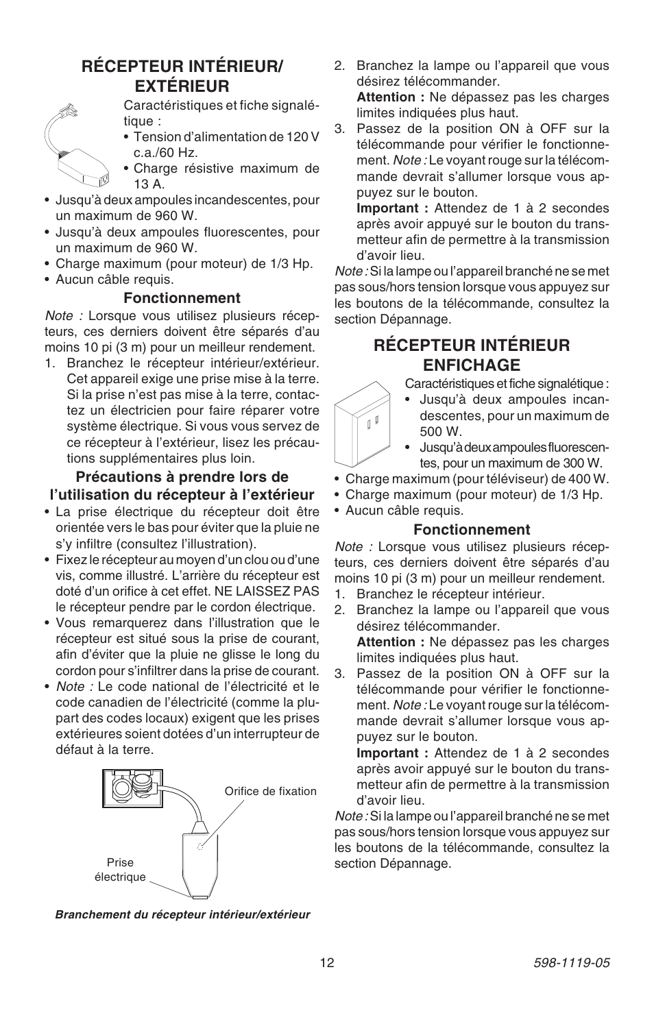 Récepteur intérieur enfichage, Récepteur intérieur/ extérieur | Heath Zenith 598-1119-05 User Manual | Page 12 / 16