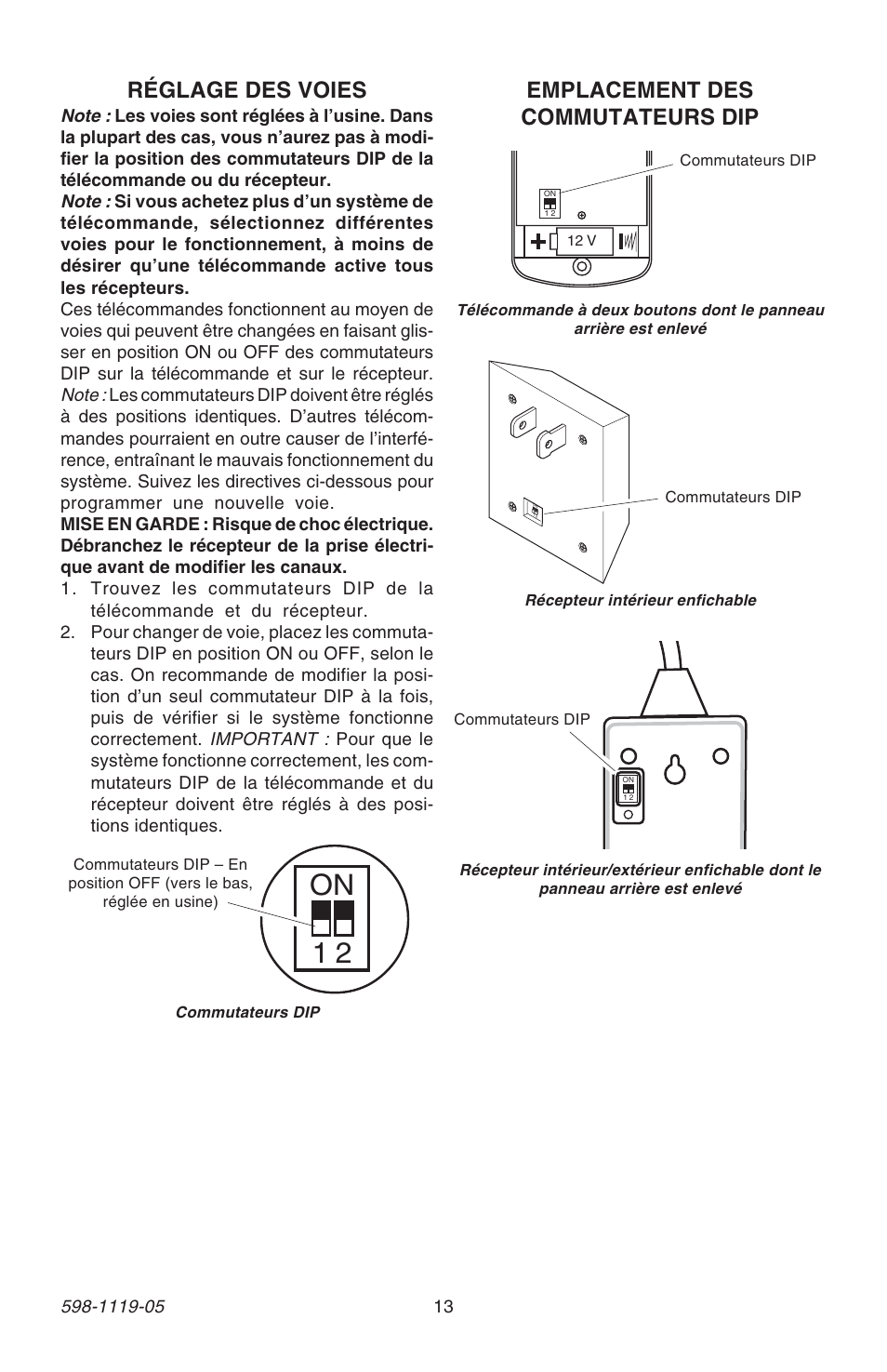 On 1 2, Réglage des voies, Emplacement des commutateurs dip | Heath Zenith 598-1119-05 User Manual | Page 13 / 16