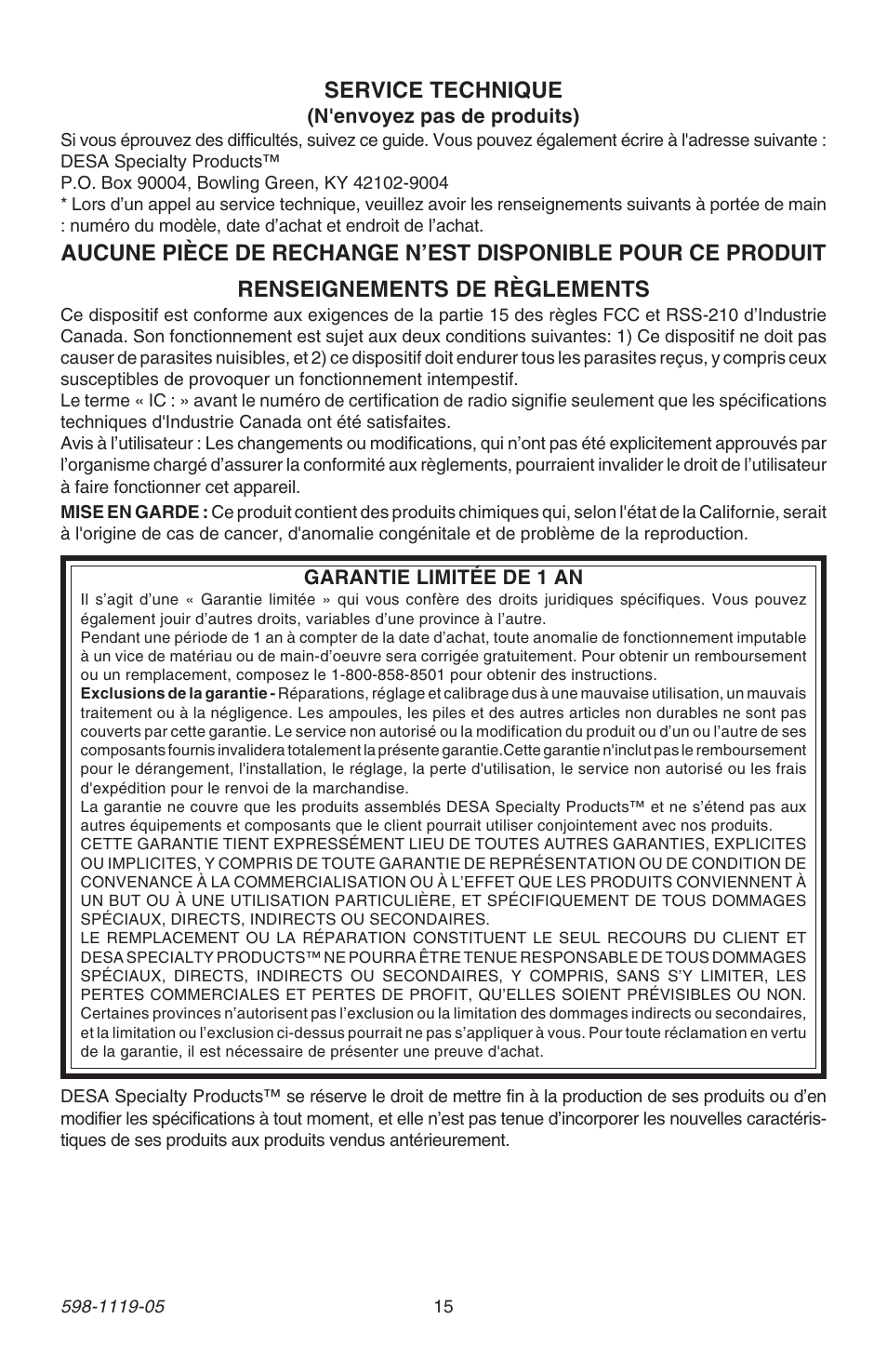 Renseignements de règlements, Service technique | Heath Zenith 598-1119-05 User Manual | Page 15 / 16