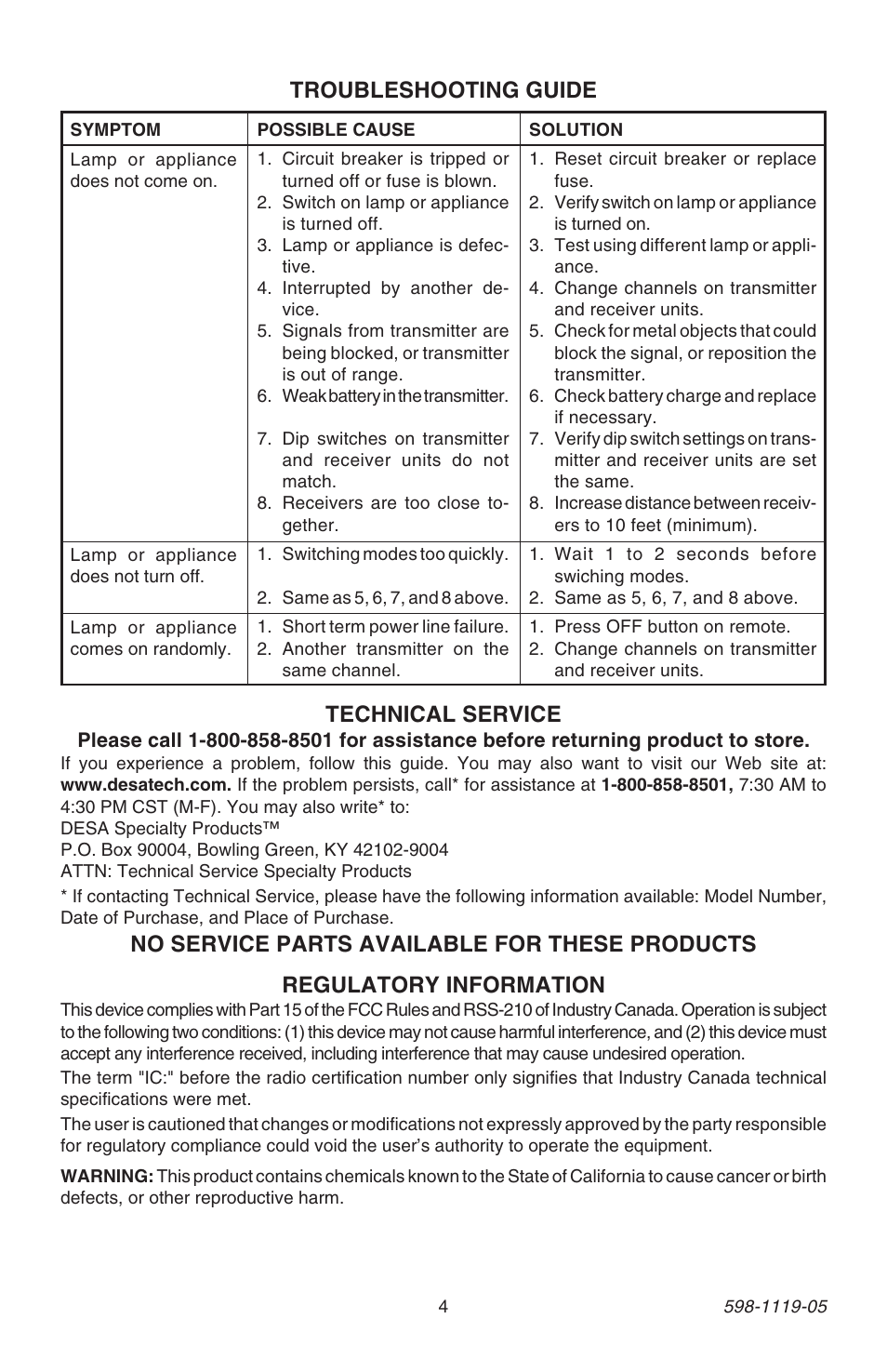 Regulatory information, Technical service | Heath Zenith 598-1119-05 User Manual | Page 4 / 16