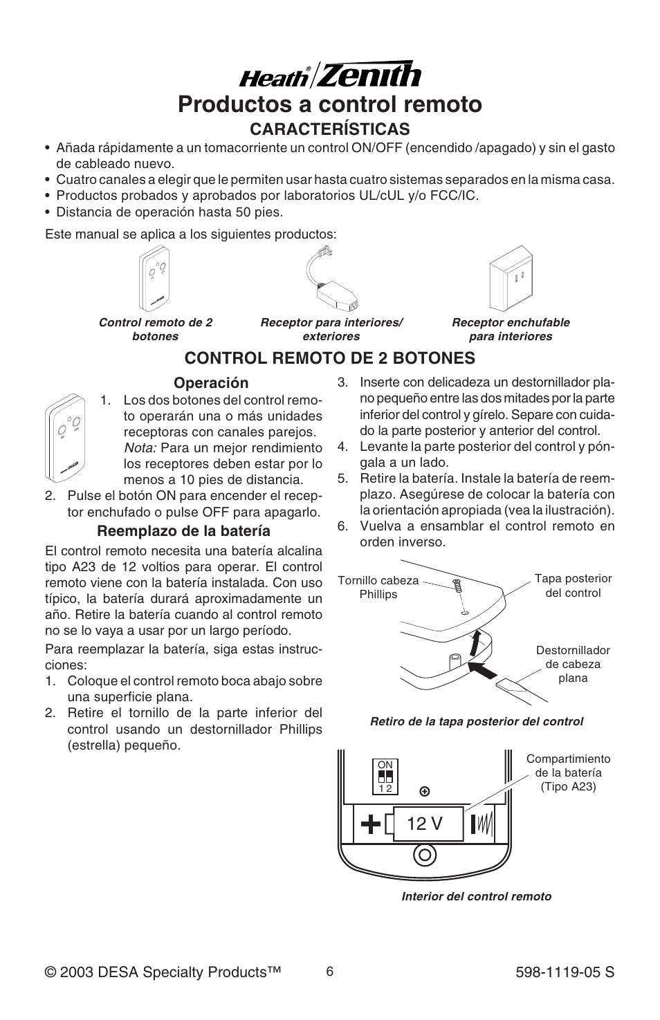 Productos a control remoto, 12 v, Características | Control remoto de 2 botones, Operación, Reemplazo de la batería | Heath Zenith 598-1119-05 User Manual | Page 6 / 16