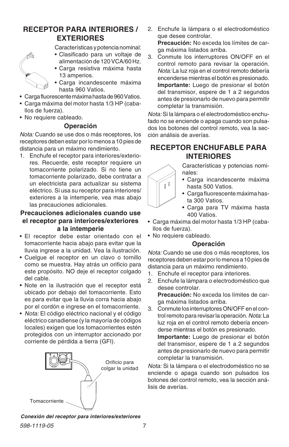 Receptor enchufable para interiores, Receptor para interiores / exteriores | Heath Zenith 598-1119-05 User Manual | Page 7 / 16