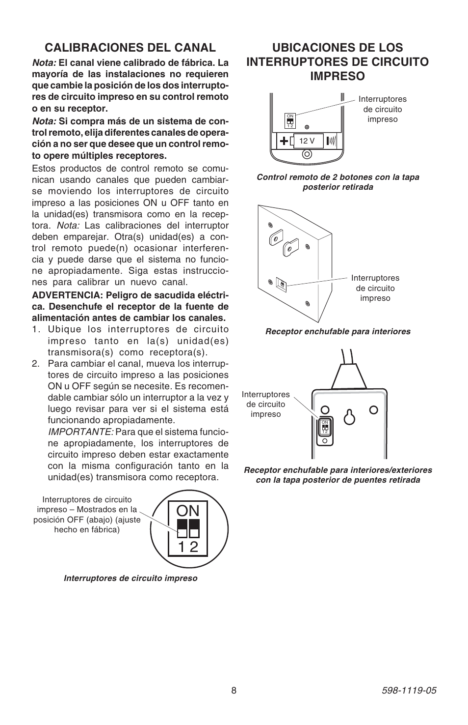 On 1 2, Calibraciones del canal | Heath Zenith 598-1119-05 User Manual | Page 8 / 16