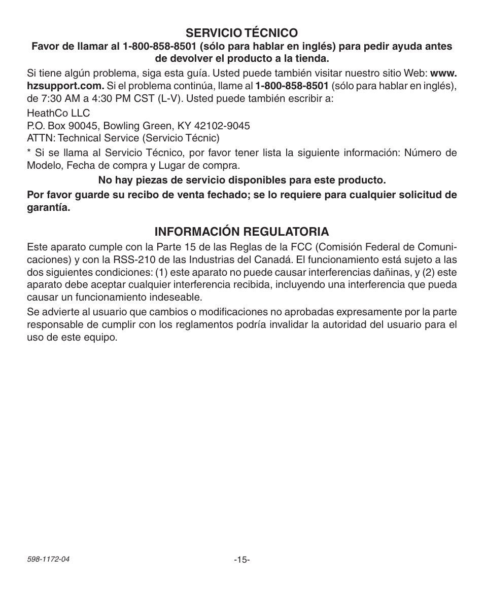 Heath Zenith Wireless Chime 598-1172-04 User Manual | Page 15 / 24
