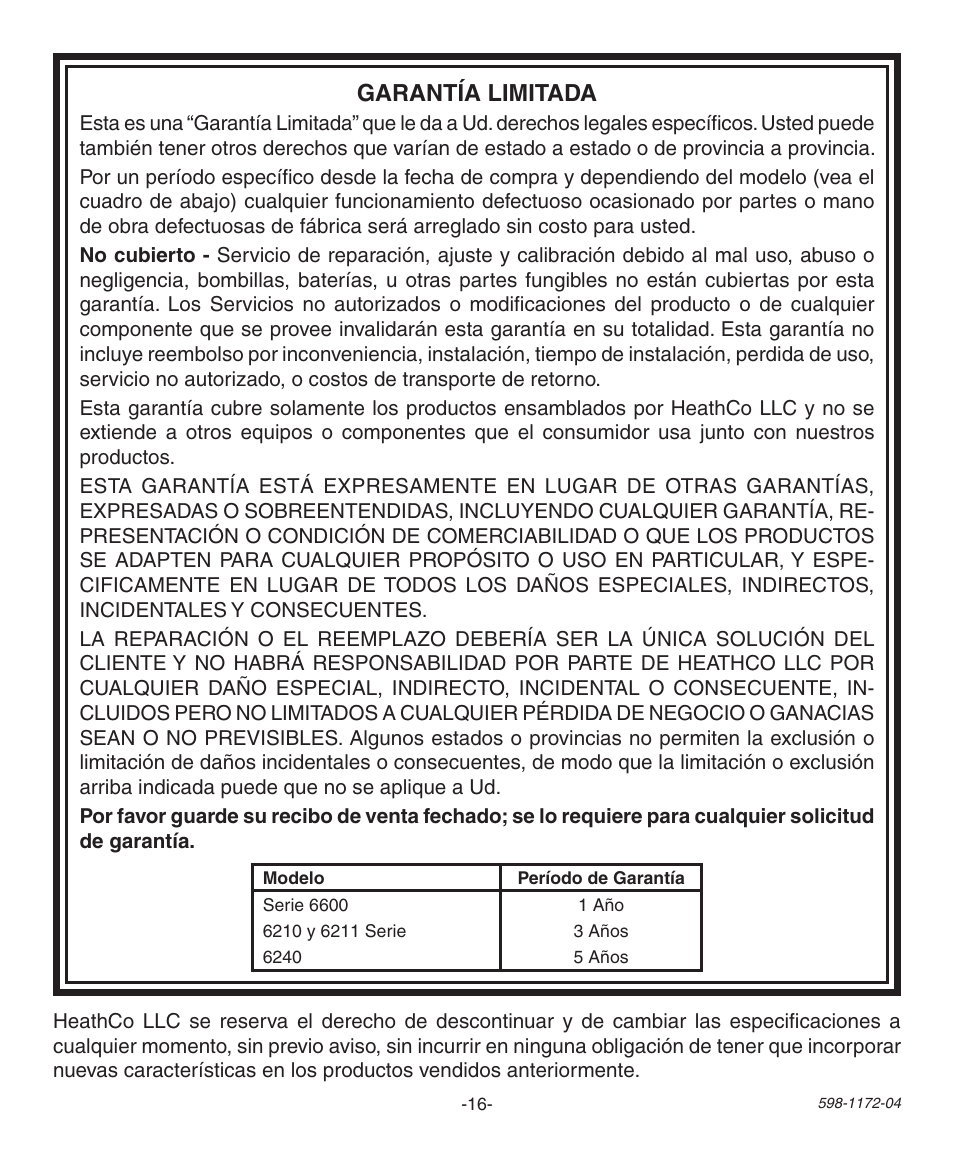 Garantía limitada | Heath Zenith Wireless Chime 598-1172-04 User Manual | Page 16 / 24