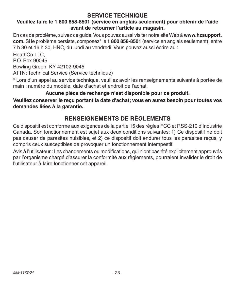 Heath Zenith Wireless Chime 598-1172-04 User Manual | Page 23 / 24