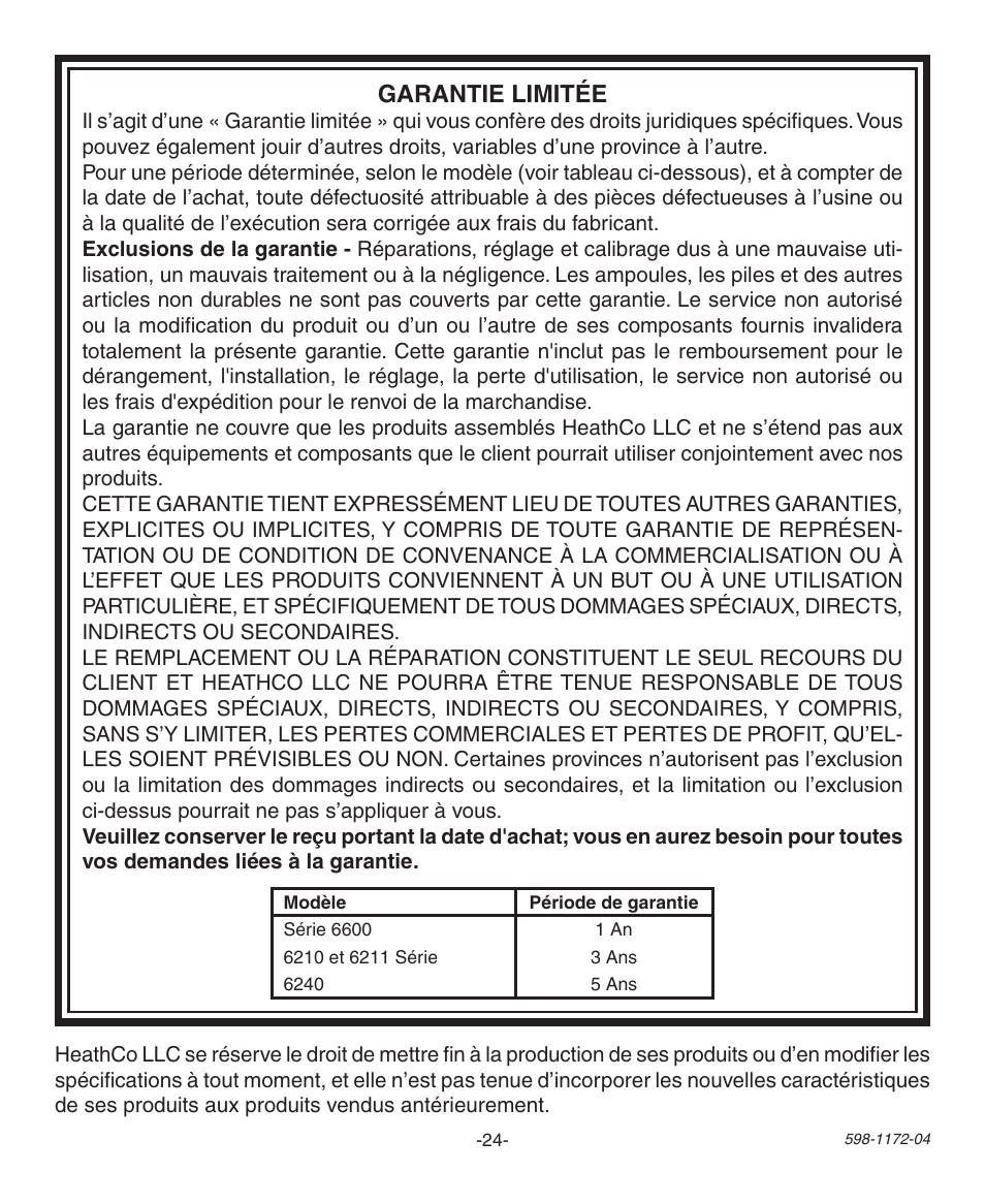 Garantie limitée | Heath Zenith Wireless Chime 598-1172-04 User Manual | Page 24 / 24