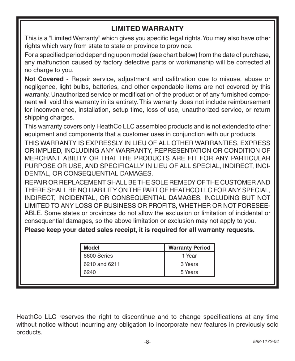 Limited warranty | Heath Zenith Wireless Chime 598-1172-04 User Manual | Page 8 / 24