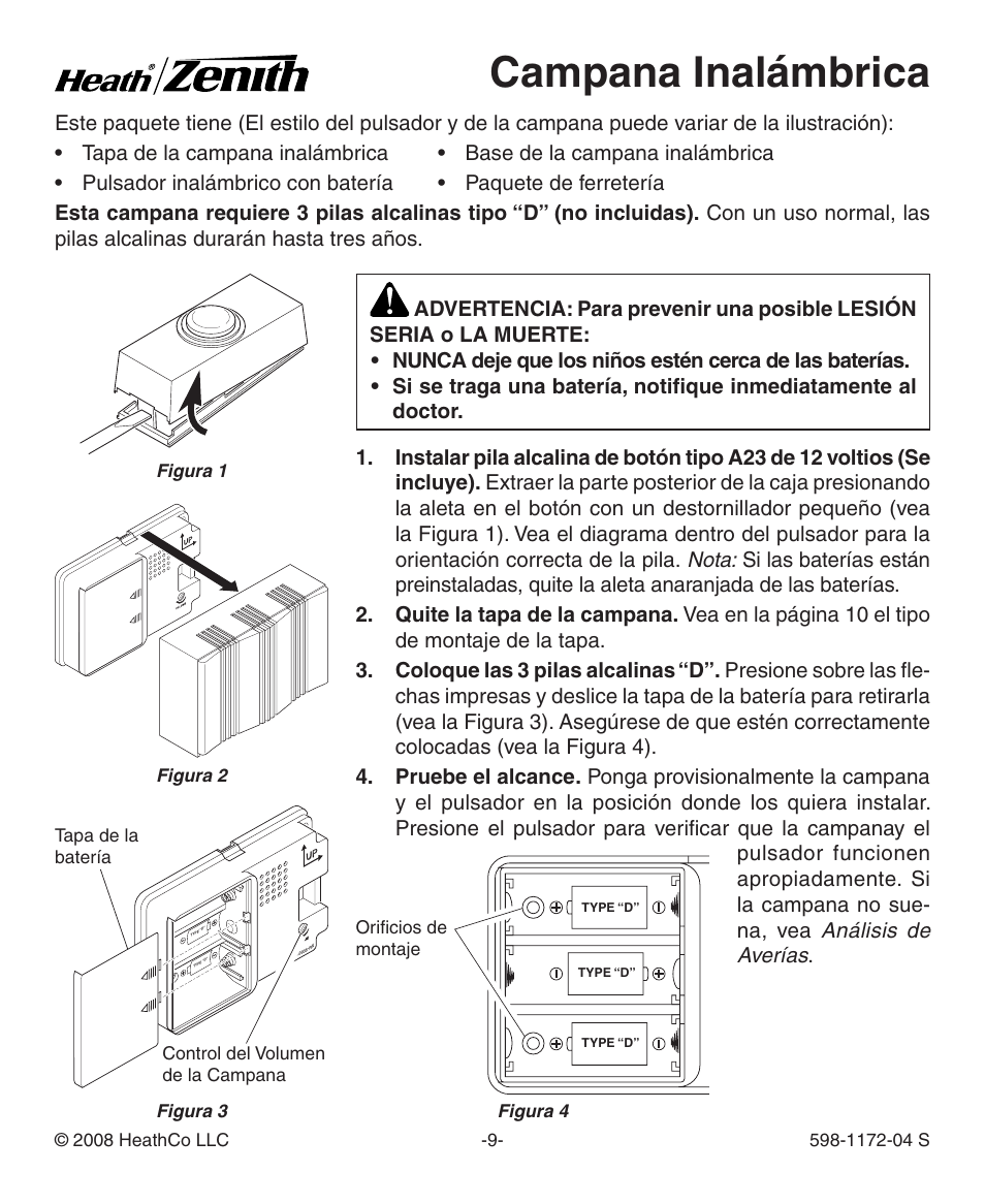 Campana inalámbrica | Heath Zenith Wireless Chime 598-1172-04 User Manual | Page 9 / 24