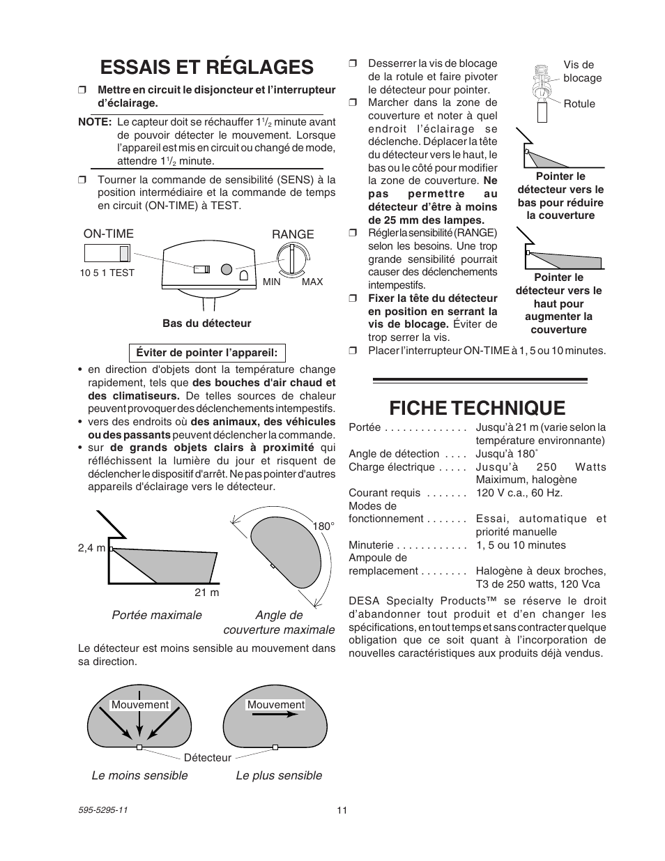 Fiche technique, Essais et réglages | Heath Zenith SL-5525 User Manual | Page 11 / 12