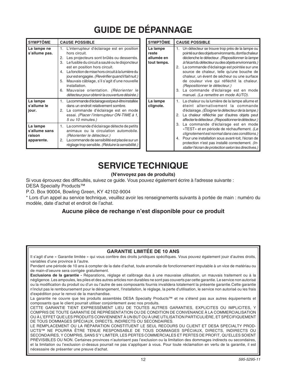 Guide de dépannage, Service technique | Heath Zenith SL-5525 User Manual | Page 12 / 12