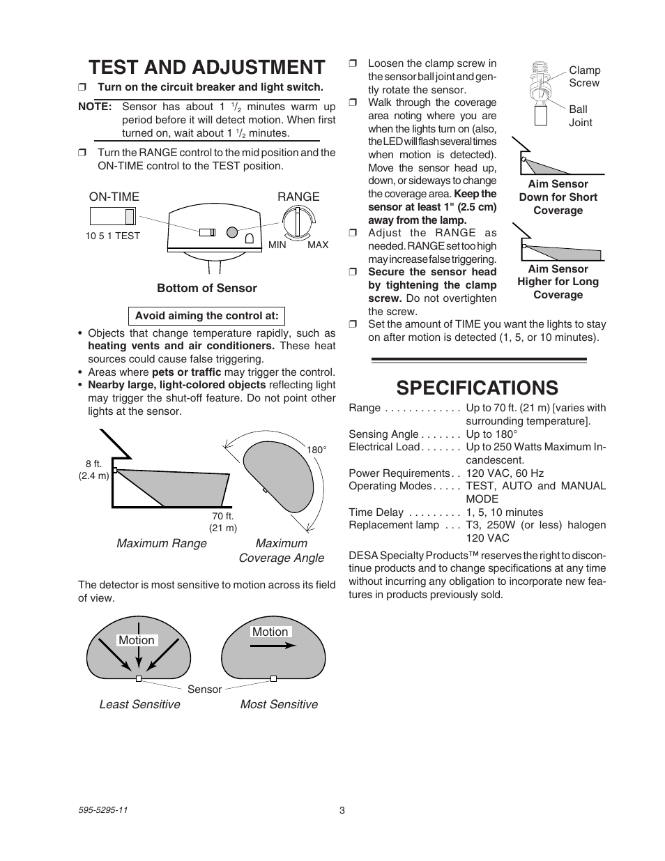 Test and adjustment, Specifications | Heath Zenith SL-5525 User Manual | Page 3 / 12