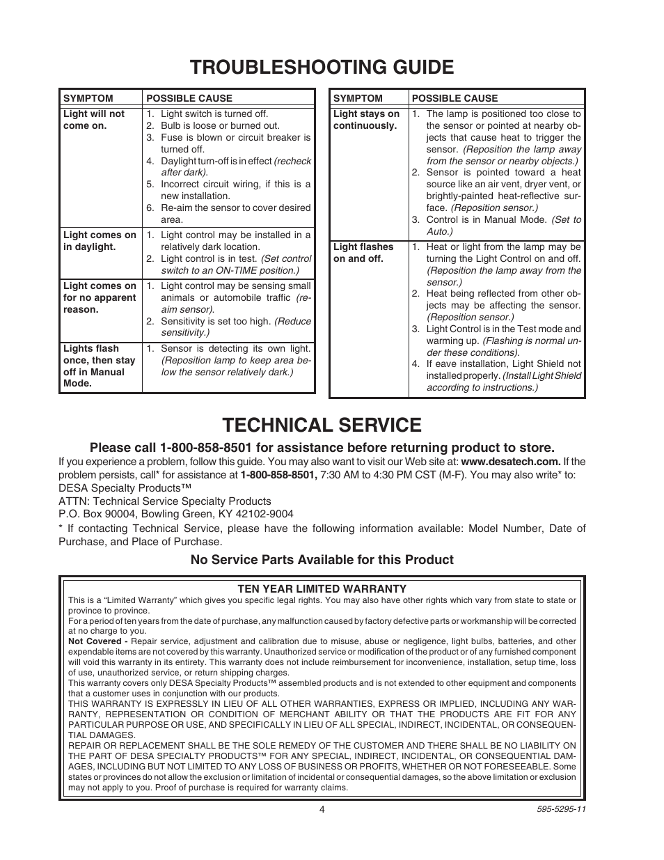 Troubleshooting guide, Technical service, No service parts available for this product | Heath Zenith SL-5525 User Manual | Page 4 / 12