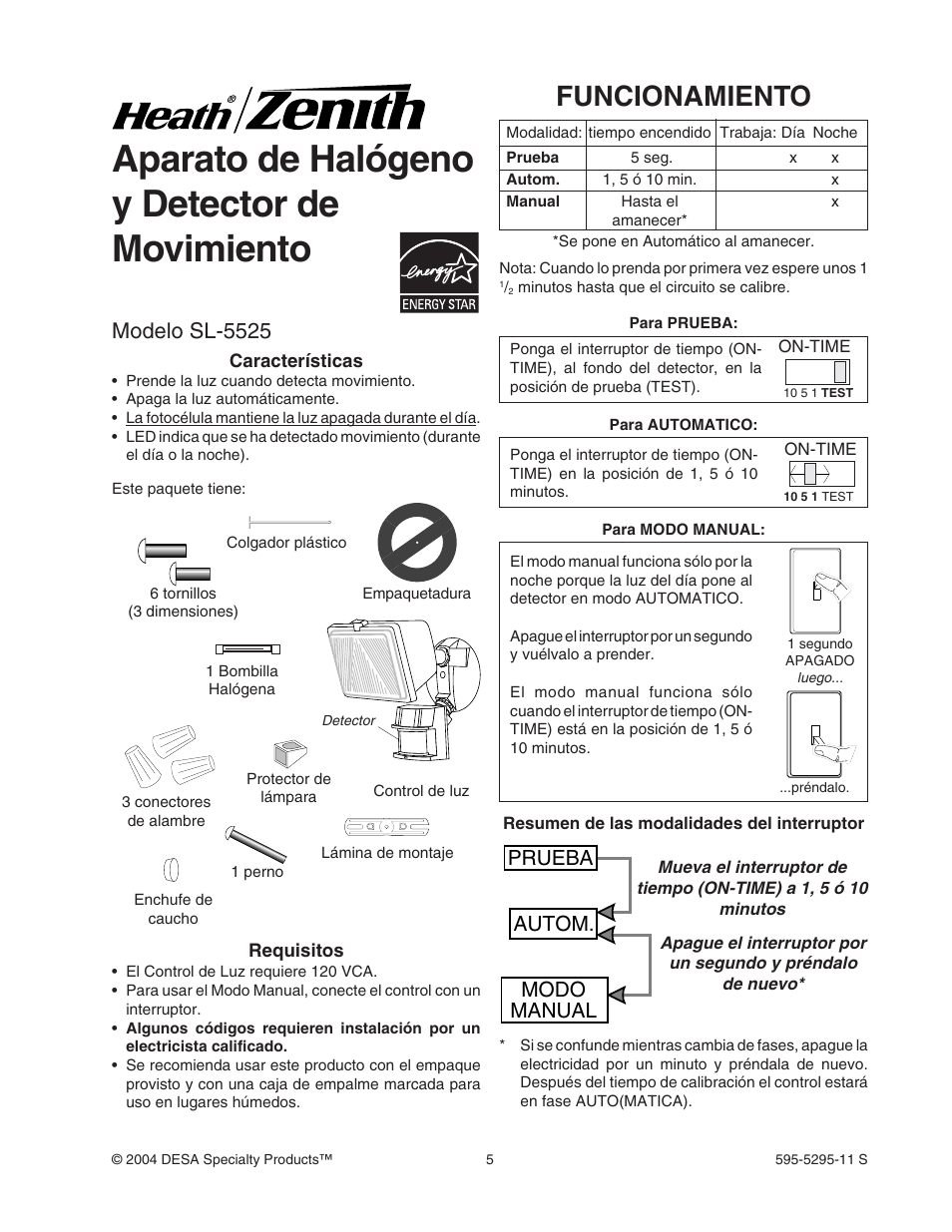 Aparato de halógeno y detector de movimiento, Funcionamiento, Modelo sl-5525 | Prueba autom. modo manual | Heath Zenith SL-5525 User Manual | Page 5 / 12