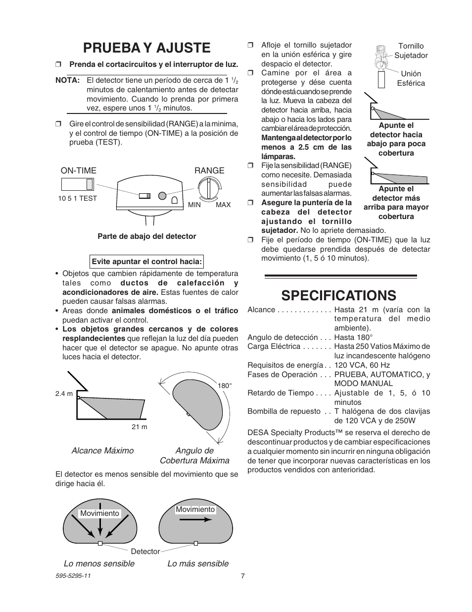 Specifications, Prueba y ajuste | Heath Zenith SL-5525 User Manual | Page 7 / 12