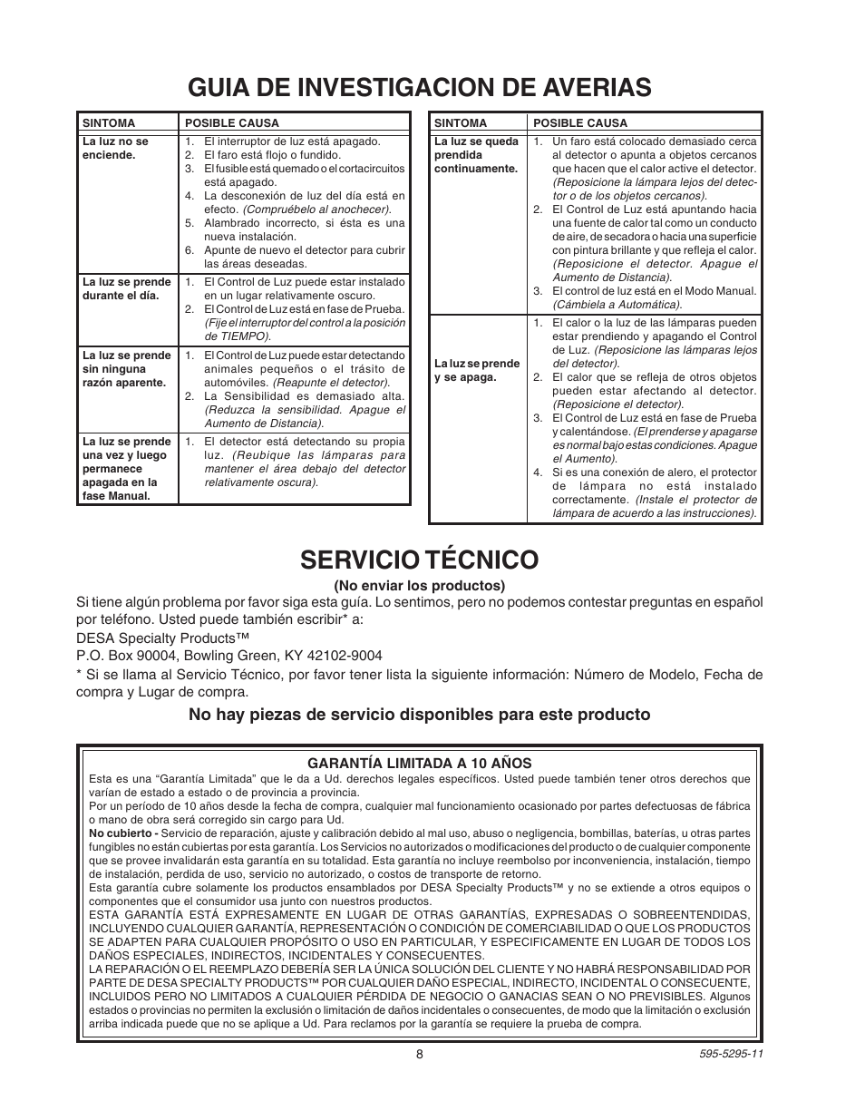 Guia de investigacion de averias, Servicio técnico | Heath Zenith SL-5525 User Manual | Page 8 / 12