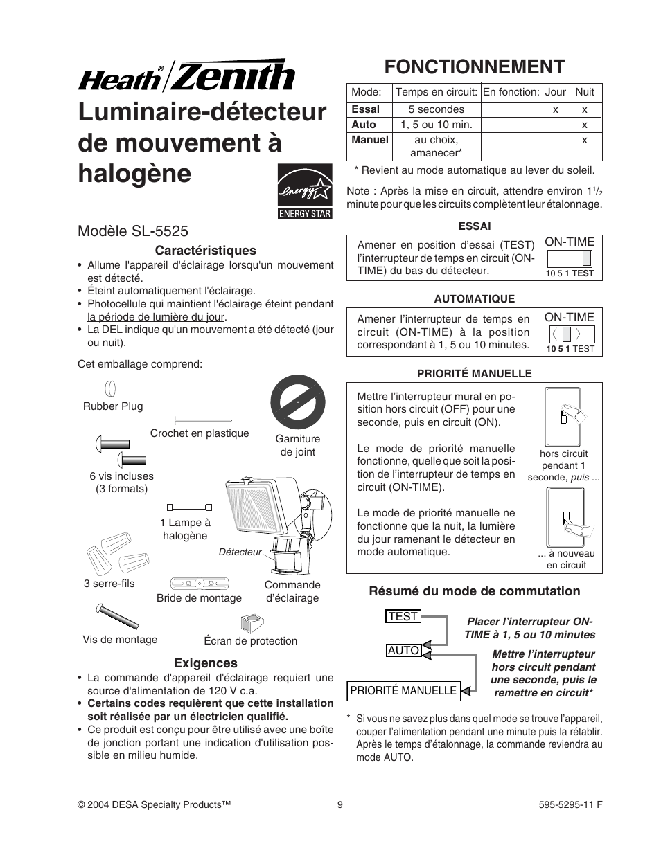 Luminaire-détecteur de mouvement à halogène, Fonctionnement, Modèle sl-5525 | Heath Zenith SL-5525 User Manual | Page 9 / 12