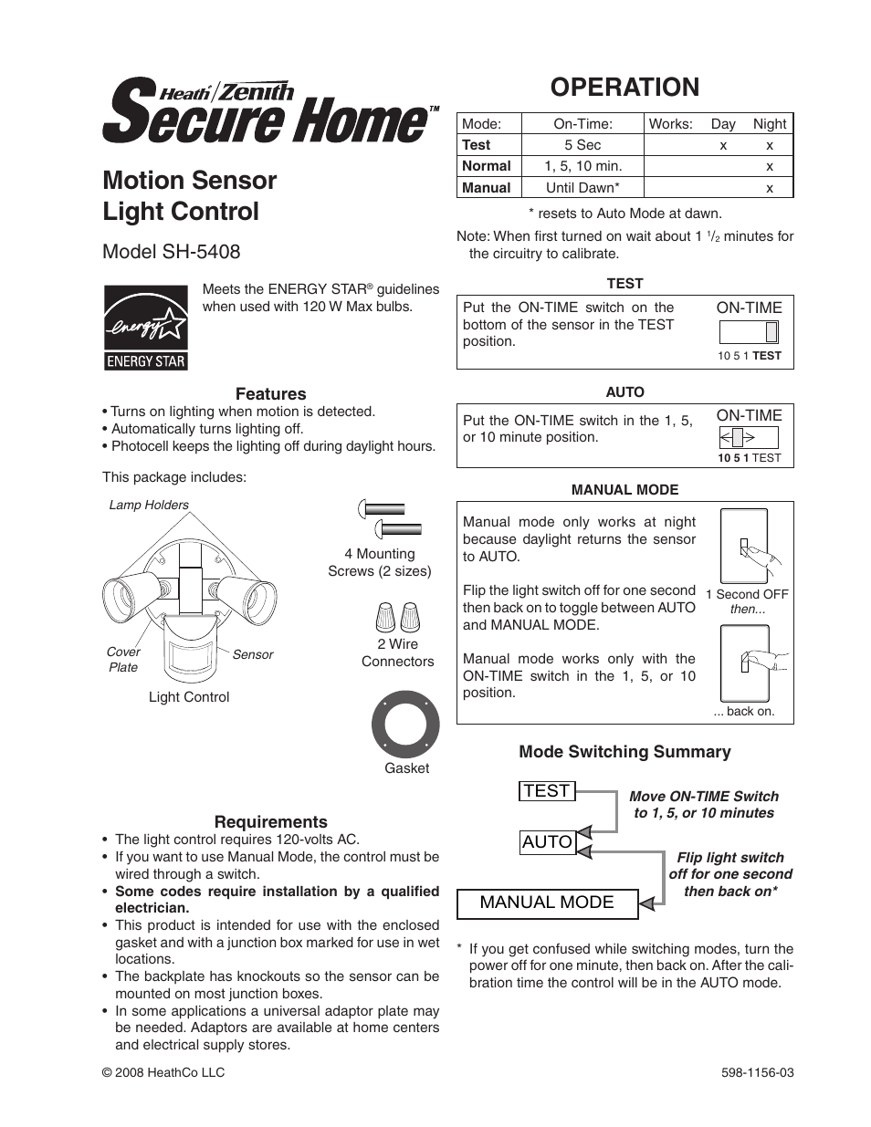 Heath Zenith Motion Sensor Light Control SH-5408 User Manual | 16 pages