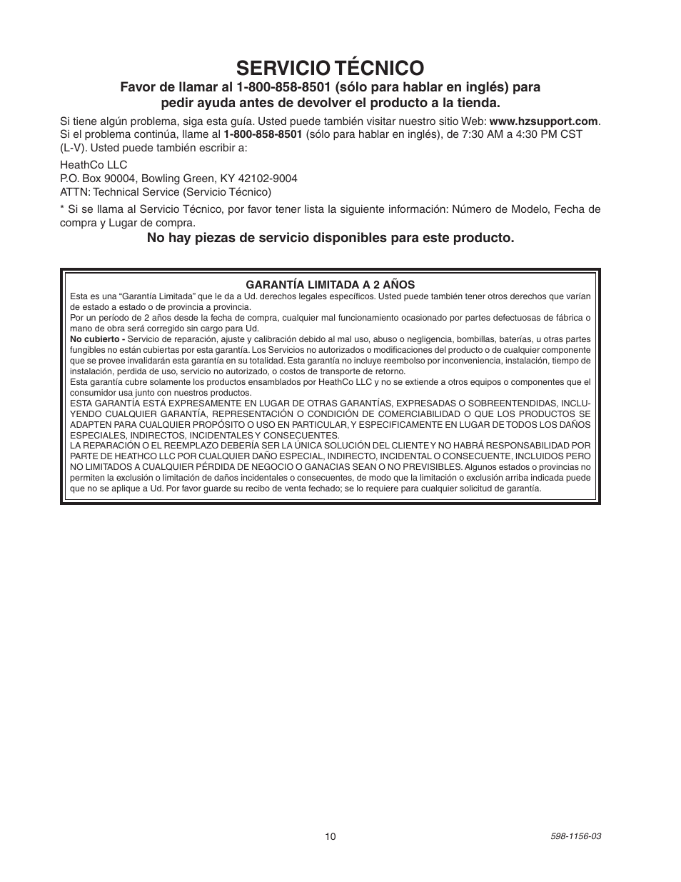 Servicio técnico | Heath Zenith Motion Sensor Light Control SH-5408 User Manual | Page 10 / 16