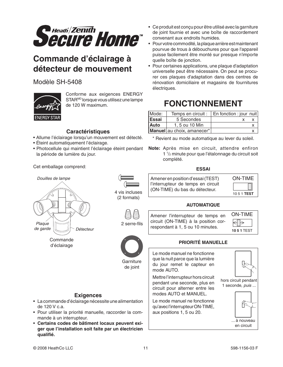 Modèle sh-5408 | Heath Zenith Motion Sensor Light Control SH-5408 User Manual | Page 11 / 16