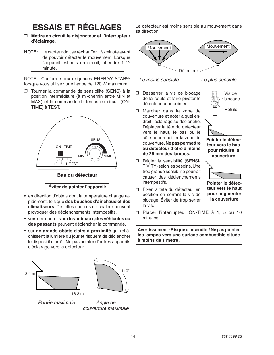 Essais et réglages | Heath Zenith Motion Sensor Light Control SH-5408 User Manual | Page 14 / 16